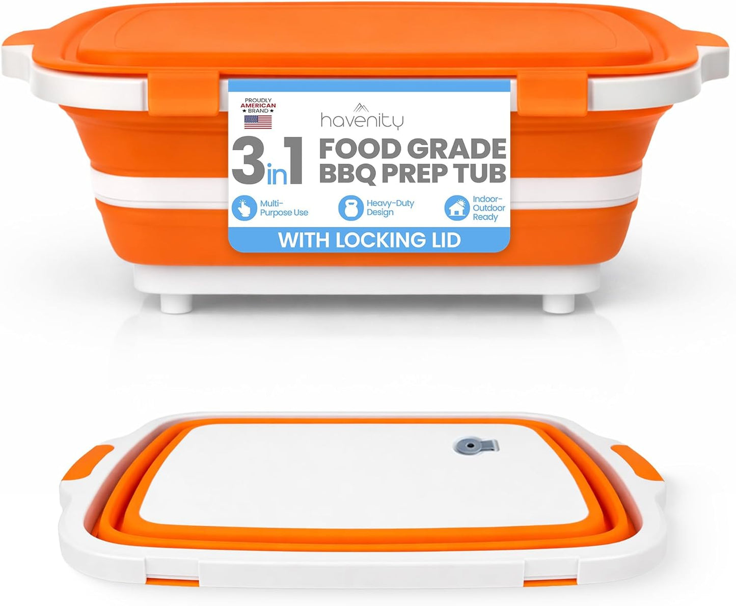 BBQ Prep Tub 8L - Multifunctional Collapsible Camping Cutting Board with Upgraded Locking lid, Meat Storage Container for Meal Prep, Dish Basin Bowl Perfect for Grilling Outdoor Cooking Large