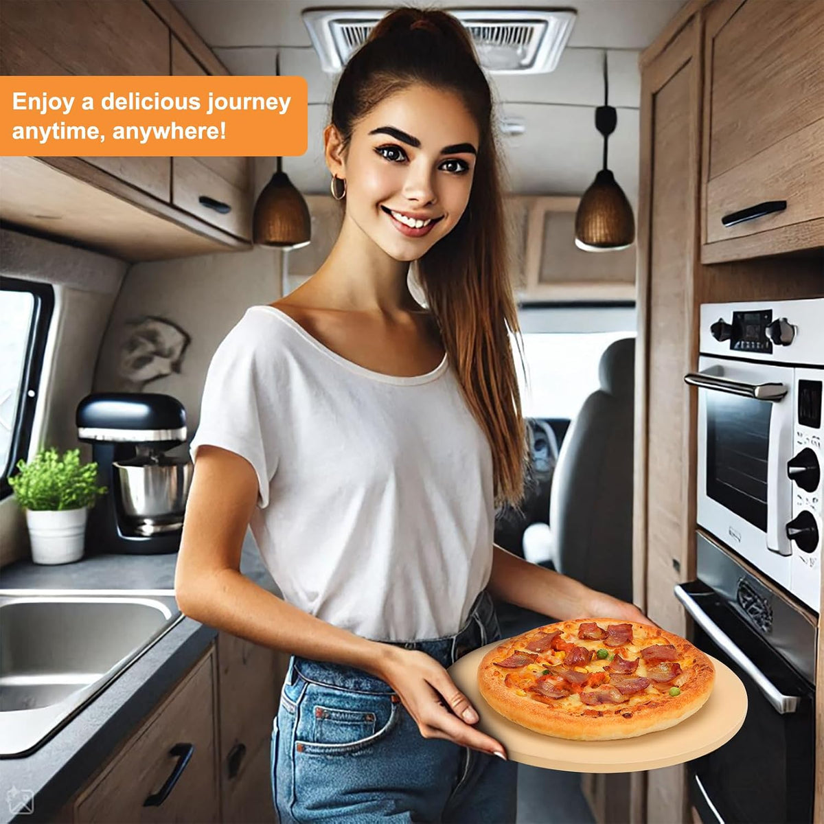 Small 10x10 Inch Cordierite Pizza Stone for RV Camper Oven & Grill, Square Baking Stone for Pizza, Bread, Pies, BBQ, Durable and Safe, with Plastic Scraper
