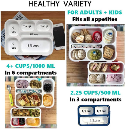 kinsho Bento Lunch-Box Set for Kids includes Snack Container | 6 and 3 Compartment Boxes Leakproof School Bentos, Meal Portion Control Containers, Boys Girls Adults, Navy Blue Large + MINI 2 Pack Set