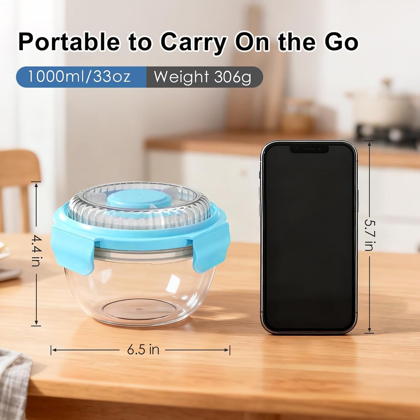 WHALEHOUSE Clear Eco-friendly SK chemicals ECOZEN Salad Container, 33OZ Portable Plastic Salad Bowls with Lid & Snack Tray, Leak-Proof Dressing Container, Reusable Fork, Lunch Box for Meal Prep (Pink)