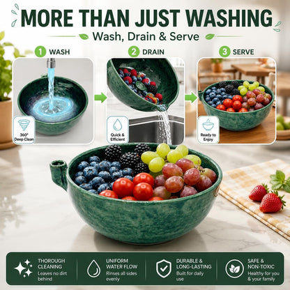 Self Spinning Berry Washing Bowl, Berry Bowls with Holes Ceramic, Fruit Washer Spinner with Strainer and Colander, Handmade Multipurpose Washing Cleaner for Cleaning Berries, Vegetables (1 set)