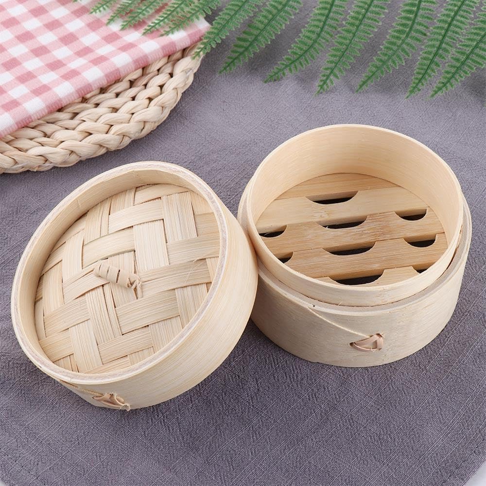 Natural Bamboo Steamer Basket, Traditional Chinese Food Steamer Basket with Lid for Kitchen Cooking Dumplings Vegetables Meat Fish Rice(3.93 * 1.18inch)