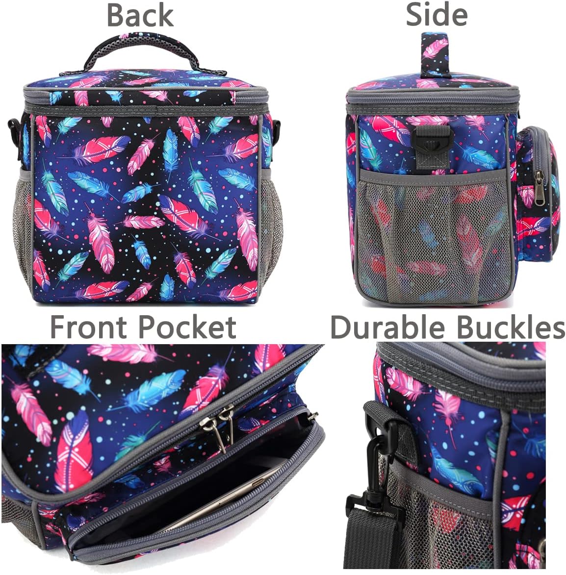 FlowFly Insulated Reusable Lunch Bag Adult Large Lunch Box for Women and Men with Adjustable Shoulder Strap,Front Zipper Pocket and Dual Large Mesh Side Pockets,Cherry - Colors B