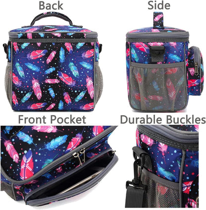FlowFly Insulated Reusable Lunch Bag Adult Large Lunch Box for Women and Men with Adjustable Shoulder Strap,Front Zipper Pocket and Dual Large Mesh Side Pockets,Cherry - Colors B