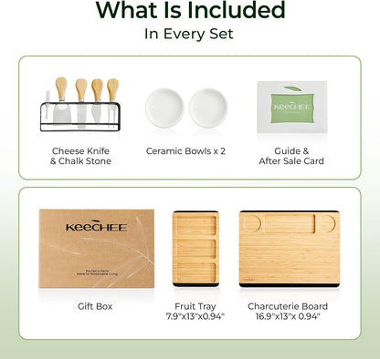 keechee Charcuterie Boards Set, Large Bamboo Cheese Board Set with Chalkboard Edge & Forks Set - Ideal for Housewarming Gift, Weddings, Bridal Showers, and Unique Gifts for Womem