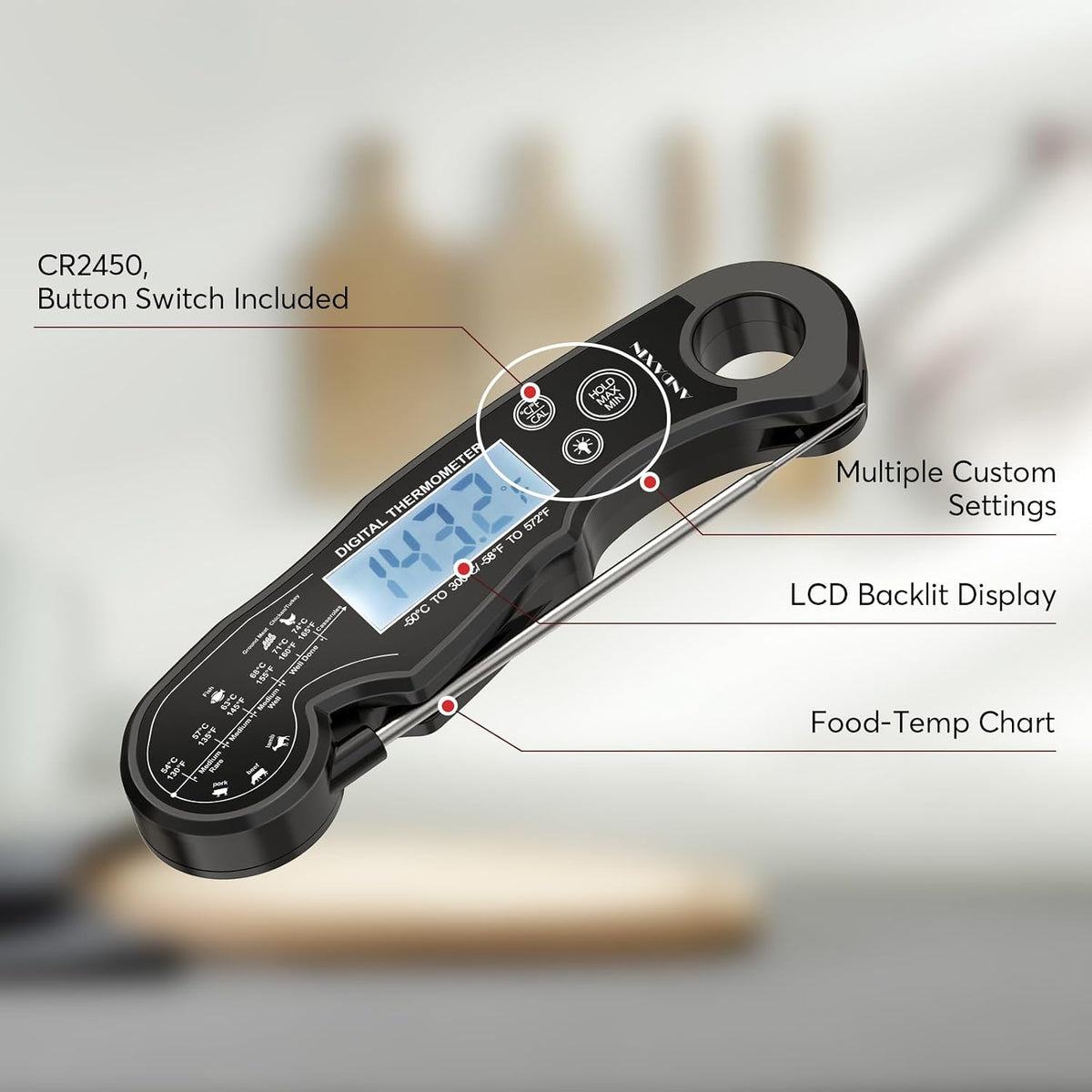 Meat Thermometer Digital for Grilling and Cooking - ANDAXIN Waterproof Ultra-Fast Instant Read Food thermometers with Backlight & Calibration for Kitchen, Deep Fry, BBQ, Grill(Red/Black), LCD