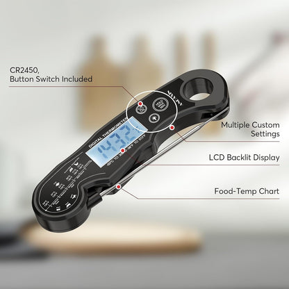 Meat Thermometer Digital for Grilling and Cooking - ANDAXIN Waterproof Ultra-Fast Instant Read Food thermometers with Backlight & Calibration for Kitchen, Deep Fry, BBQ, Grill(Red/Black), LCD