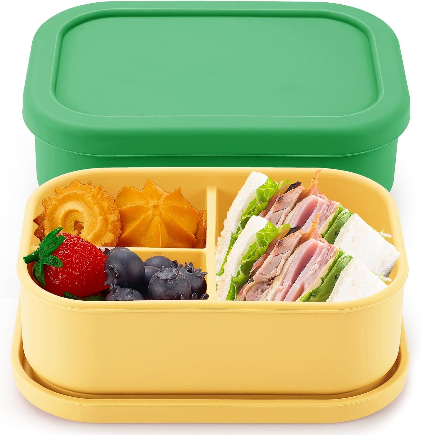 Layhit 4 Pcs Silicone Bento Box for Adults, 27 oz Bento Lunch Container Reusable 3 Compartment Lunchable Food Container for Women Men, Leak Proof Microwave Dishwasher Freezer Safe (Cool Colors)