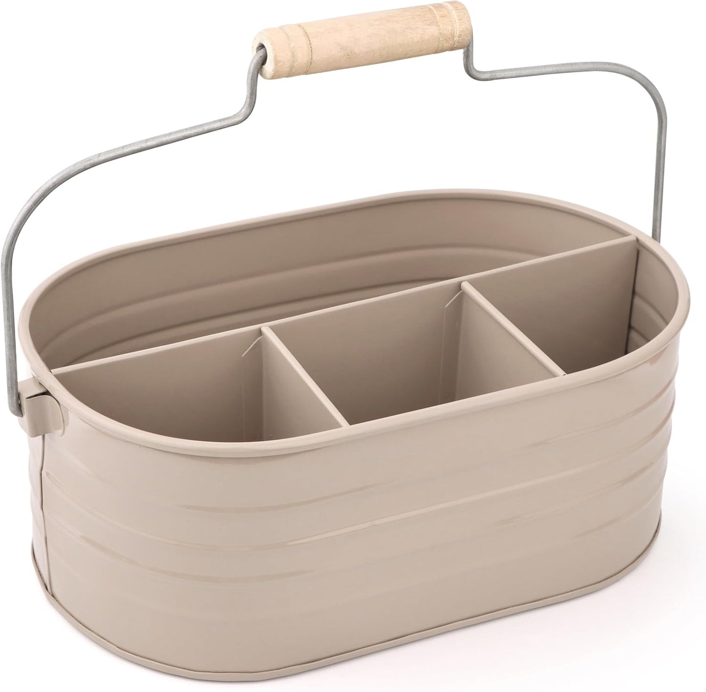 Alpha Living Home Galvanized Metal Utensil Caddy - Rustic Farmhouse Organizer Metal Garden Caddy with 4 Compartments and Wooden Handle for Kitchen, Buffet & Outdoor Events (Silver)