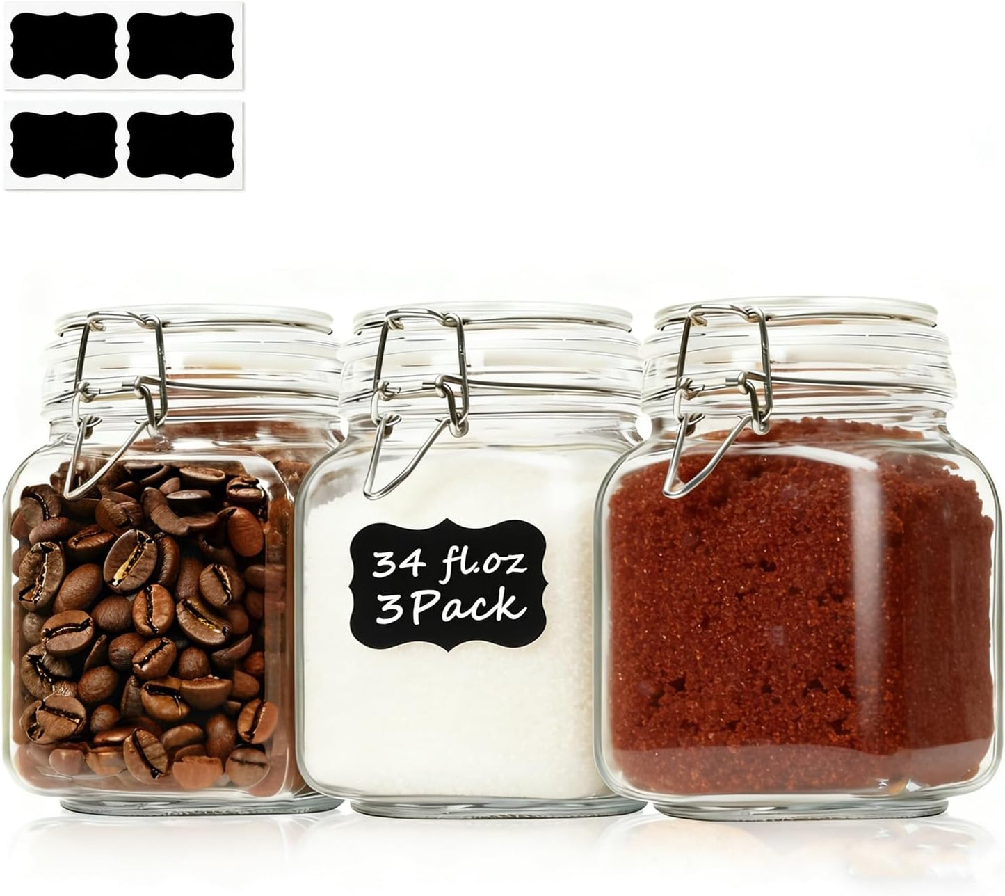 ComSaf Set of 3 Square Glass Jars with Airtight Lids (51 Oz) — Wire Clamp Canisters for Small-Batch Pickling, Kimchi, Bulk Dry Food, Wide Mouth Space Saving Kitchen Pantry Organization Jars