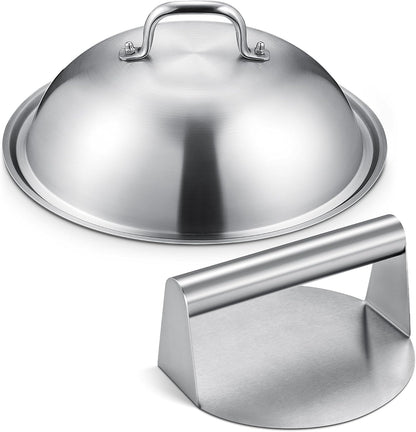 HOMENOTE Griddle Accessories for Blackstone, Commercial Grade 12 Inch Heavy Duty Melting Dome with Round Cast Iron Smash Burger Press Perfect for Flat Top Hibachi Grill Outdoor Indoor