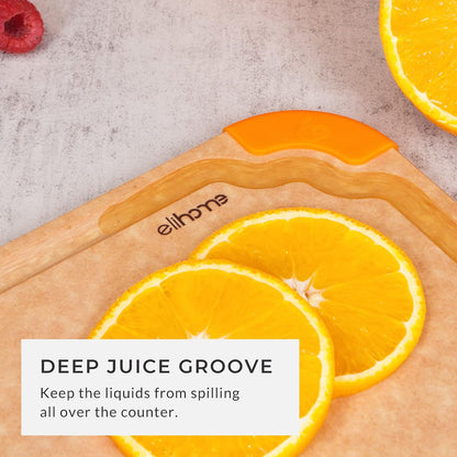 Elihome Premium Series 2-in-1 Kitchen Cutting Board Set, Non Slip Feet, Color Coded with Food Icon, Natural Wood Fiber, Dishwasher Safe, Eco-Friendly, Juice Grooves,Non Porous, BPA Free, Made in USA