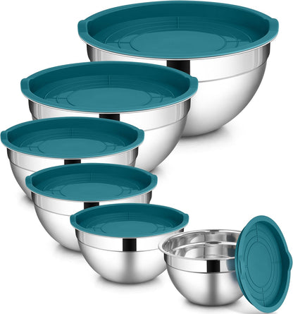 LIANYU Stainless Steel Mixing Bowls Sets of 6, Large 7, 3.5, 2.5, 2, 1.5, 1QT Size with Transparent Airtight Lids, Metal Nesting Serving Bowl Sets for Home Kitchen, Dishwasher & Freezer Safe, Black