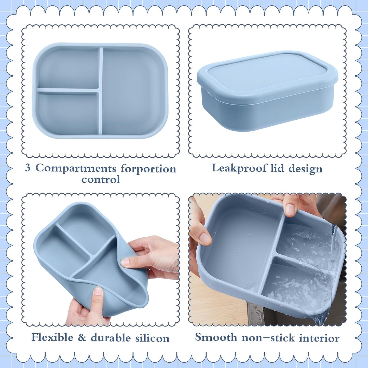 Honeydak 6 Pcs Silicone Bento Box Reusable Silicone Bento Lunch Container for Adults Microwave Dishwasher Freezer Safe 3 Compartment (Light Colors)