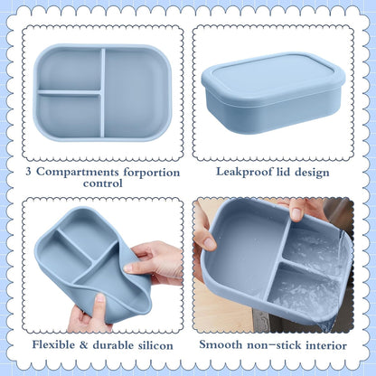 Honeydak 6 Pcs Silicone Bento Box Reusable Silicone Bento Lunch Container for Adults Microwave Dishwasher Freezer Safe 3 Compartment (Light Colors)