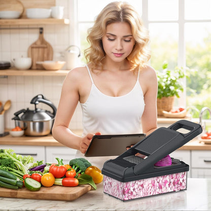 12-in-1 Vegetable Chopper 7 Blades, Veggie Cutter with Handle, Black/White