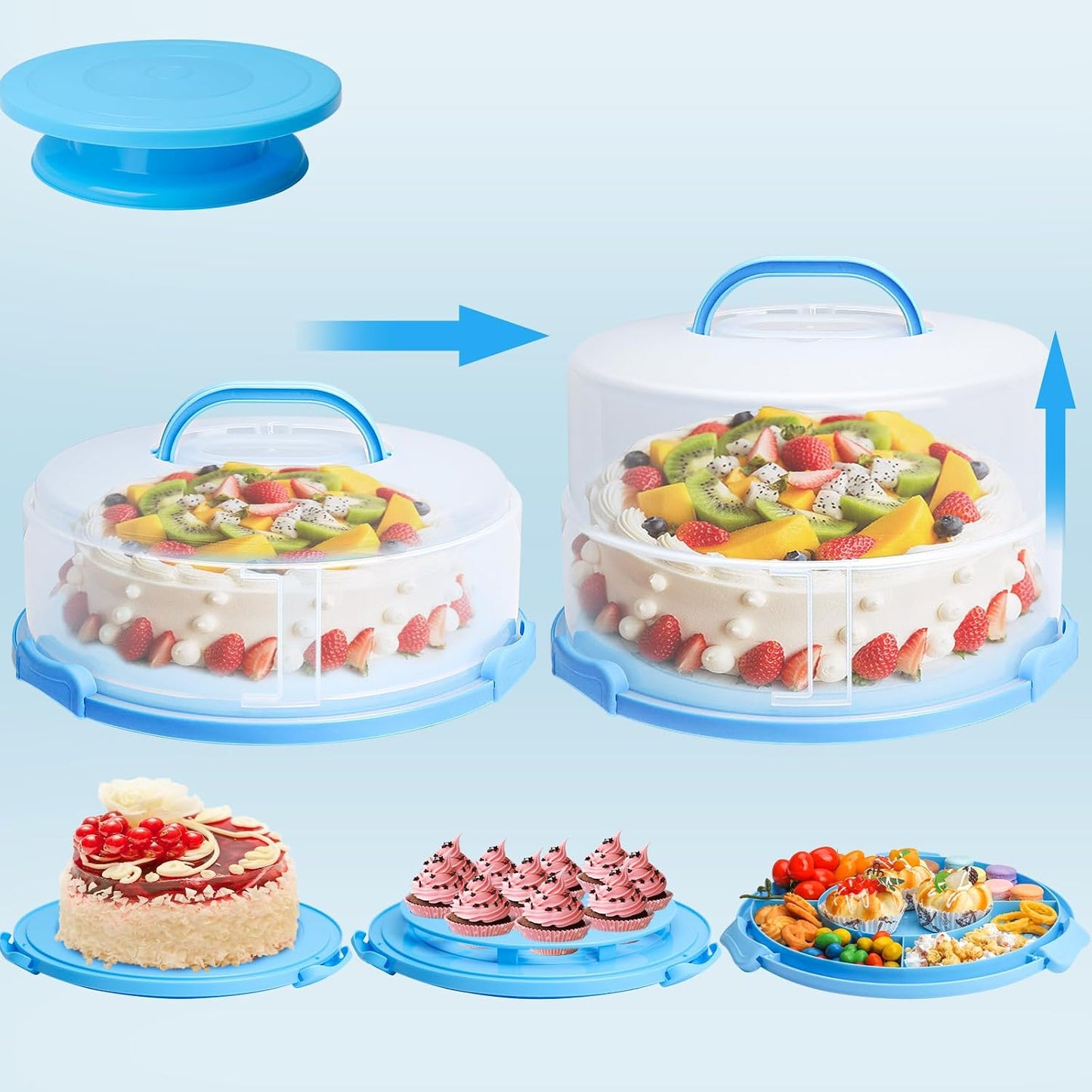 Bundt Cake Carrier, 13.5"Red Cake Carrier with Lid Handle Turntable and Cupcake Holder, Portable Cake Transport Container, Perfect Gifts for Transporting Cakes, Pies, Cupcakes, Nuts, Fruits