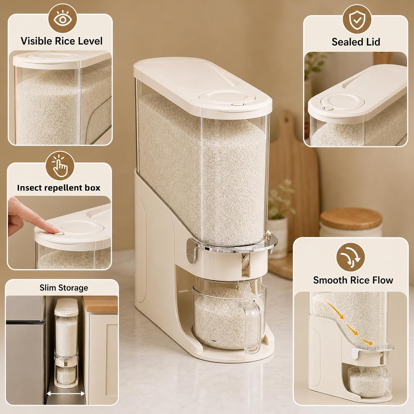 Rice Dispenser 11 Lb, Slim Rice Storage Container with Double Sealing Strip, Press to Dispense Cereal Container Airtight for Kitchen Pantry Organization, (Ivory White-11lb)