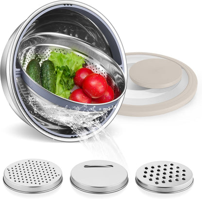 E-far Colander with Mixing Bowl Set, 4-1 Stainless Steel Colander Strainers Bowl with Graters for Kitchen, Rotatable Food Strainer Bowl for Rinsing Fruits Vegetables/Draining Pasta - Black