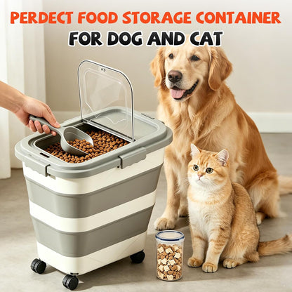 23-25-Liter Foldable Airtight Dog Food Container with Airtight Lid, Wheels, Handle, and Scoop; Large Cat Food Storage Bin; Pet Food Storage Container