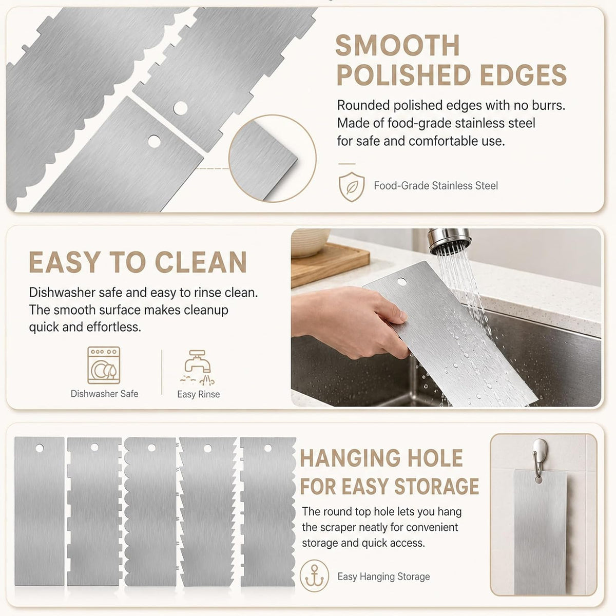 5PCS 9 Inch Cake Scraper Set Stainless Steel Smoother Comb Double Sides