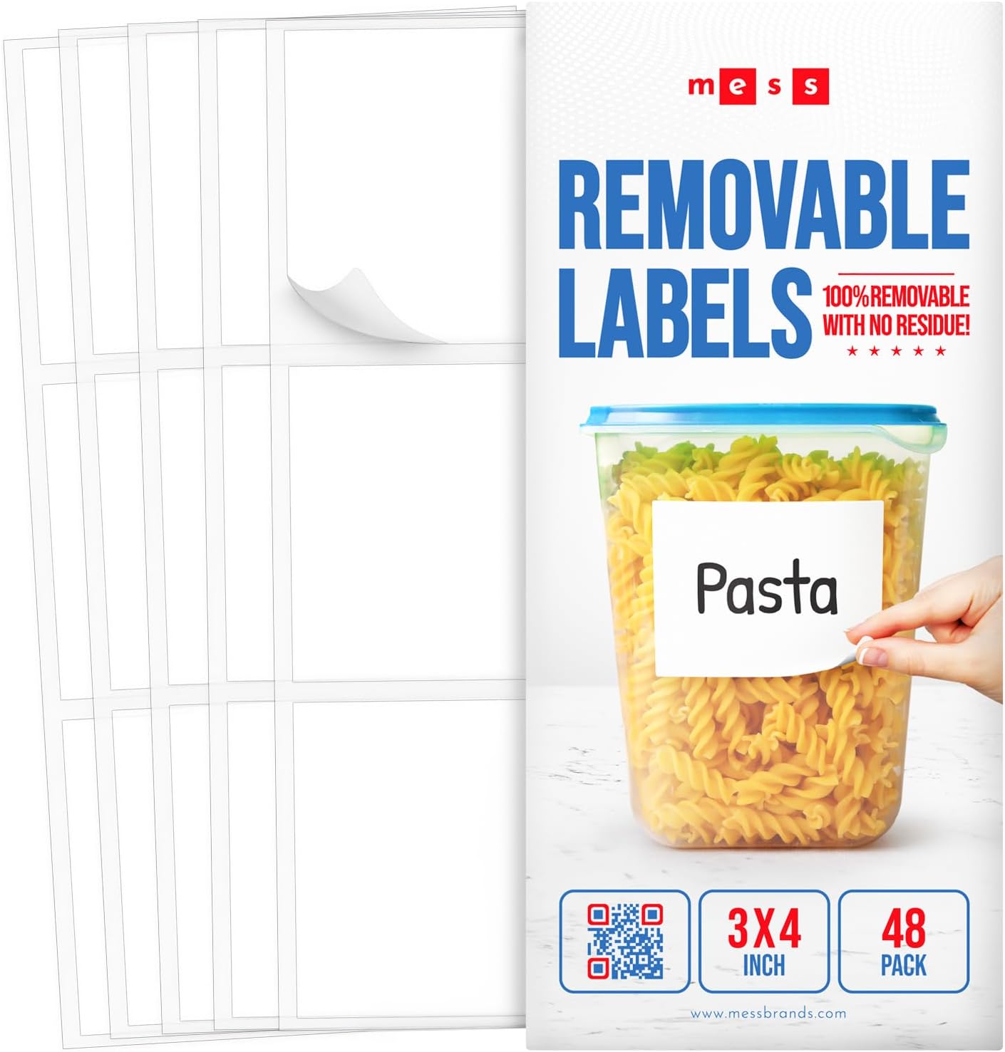 MESS Removable Food Labels for Containers (96-Pack) 1x3" & 1.5" Erasable Kitchen Labels for Organizing, Freezer & Fridge, White Dry Erase Labels for Jars
