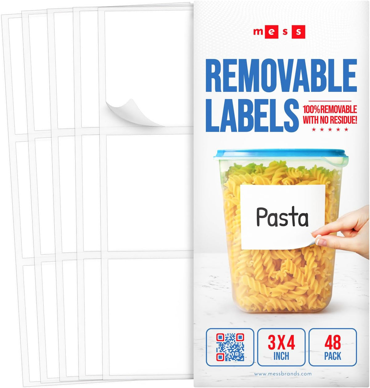 MESS Removable Food Labels for Containers (96-Pack) 1x3 & 1.5" Erasable Kitchen Labels for Organizing, Freezer & Fridge, White Dry Erase Labels for Jars