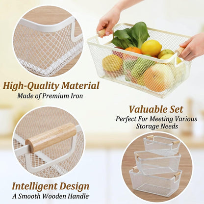 Noamus 3 Pack Metal Mesh Baskets with Wood Handle, Iron Storage Organizer Basket, Cream White Wire Countertop Baskets for Organizing, Cabinet Pantry Closet Bedroom Kitchen(3 Size)