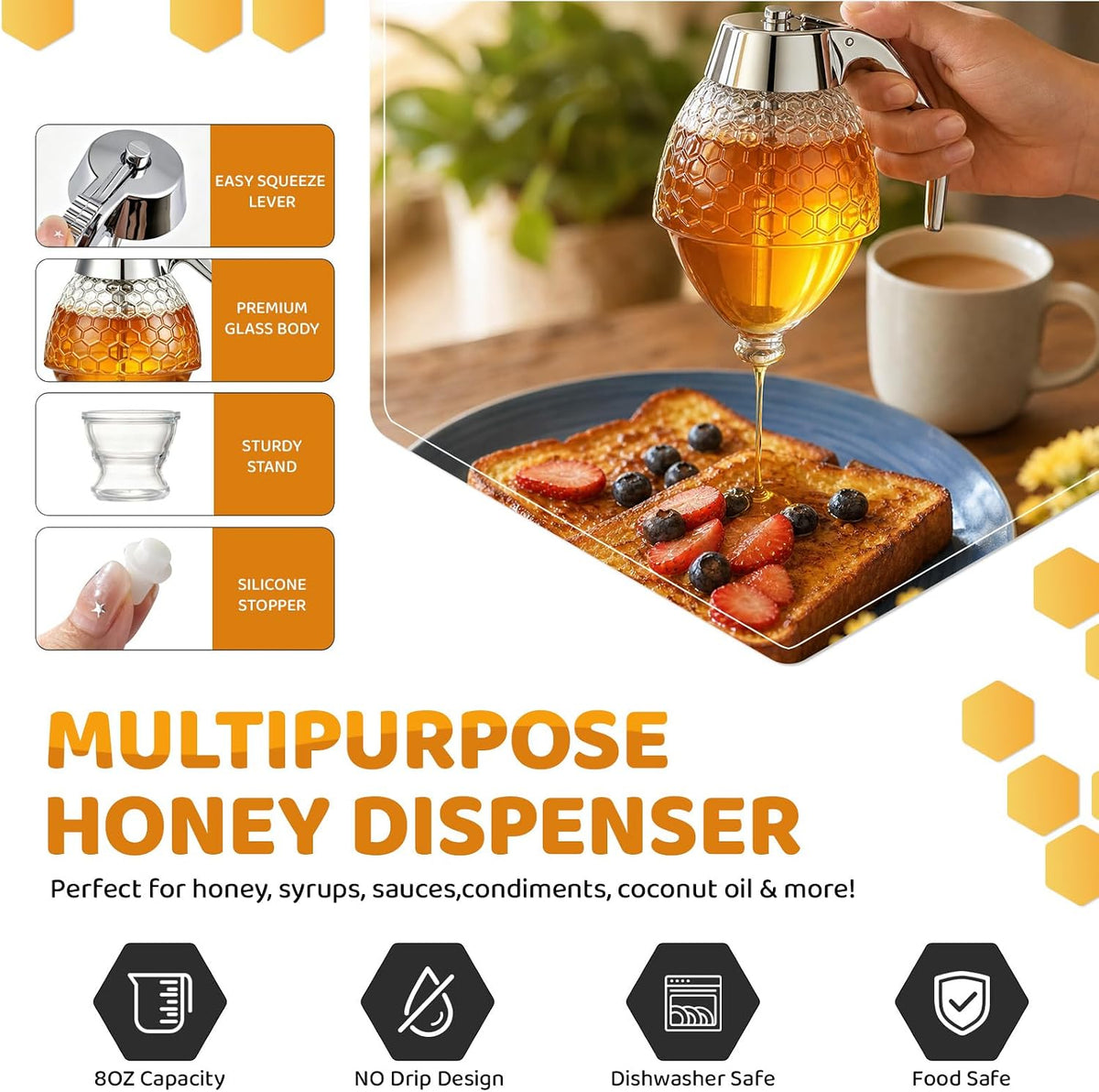 Glass Honey Dispenser 8 Ounces - Drip-Free Honey Jar With Glass Stand, Kitchen Leak-Proof Syrup Dispenser, Elegant Honeycomb Design For Storing Honey, Maple Syrup And Coffee Syrup