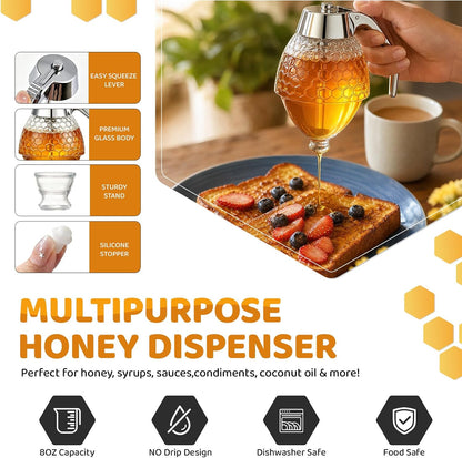 Glass Honey Dispenser 8 Ounces - Drip-Free Honey Jar With Glass Stand, Kitchen Leak-Proof Syrup Dispenser, Elegant Honeycomb Design For Storing Honey, Maple Syrup And Coffee Syrup