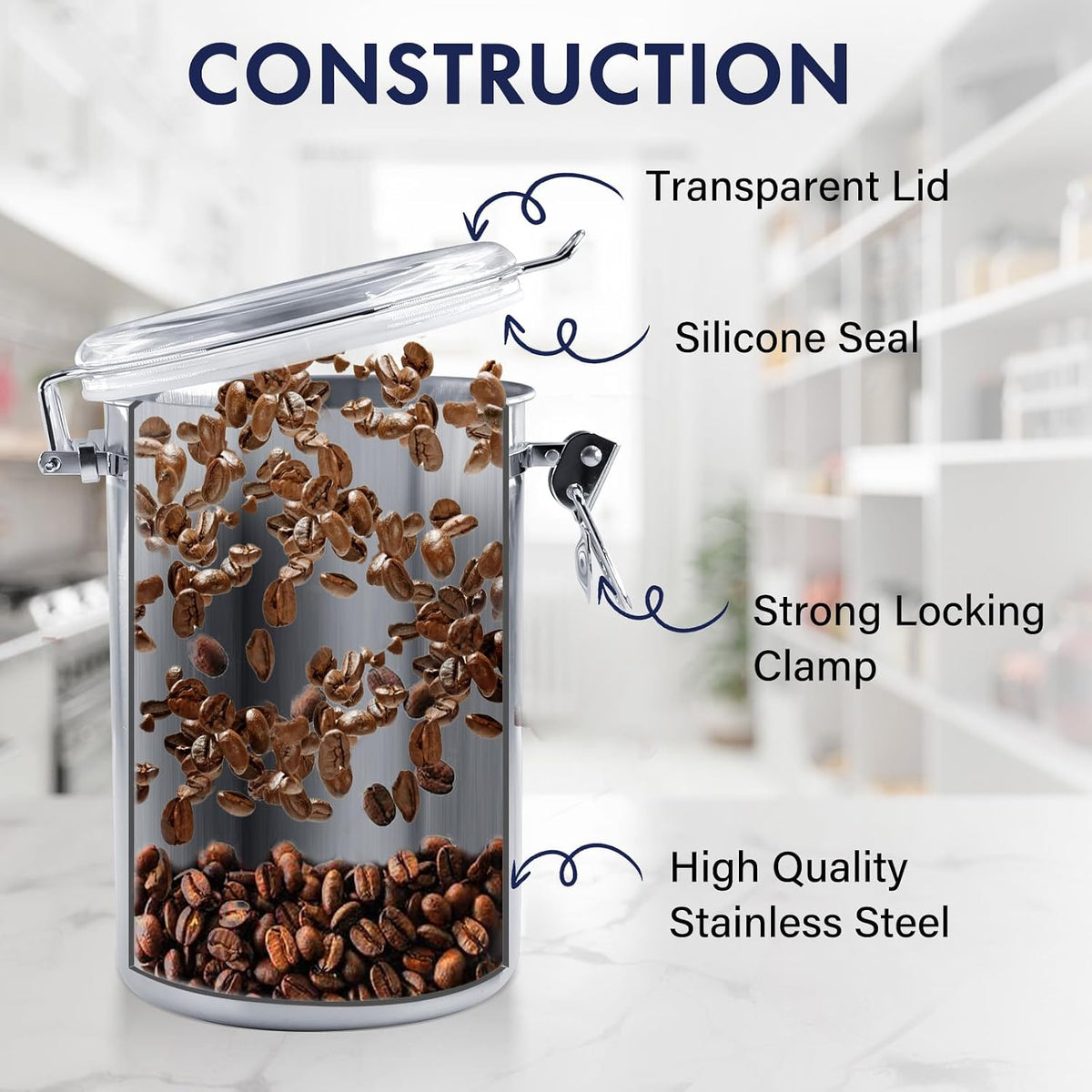 ENLOY 165oz Stainless Steel Airtight Canister for Kitchen, Large Flour Coffee Bean Tea Cereal Sugar Cookie Metal Food Storage Canisters with Clear Lid and Sturdy Locking Clamp (7.7 * 7.7 * 8.4in)