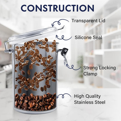 ENLOY 165oz Stainless Steel Airtight Canister for Kitchen, Large Flour Coffee Bean Tea Cereal Sugar Cookie Metal Food Storage Canisters with Clear Lid and Sturdy Locking Clamp (7.7 * 7.7 * 8.4in)