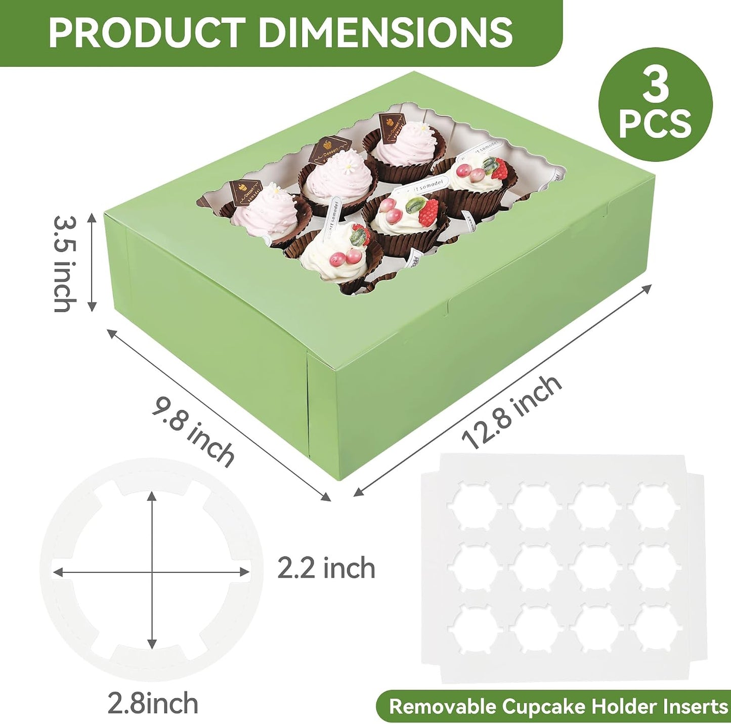 3-Set Cupcake Boxes Bulk with Clear Display Window Hold 12 Standard Cupcakes, Disposable Food Grade White Cupcake Carrier Cupcake Container, Perfect for Cupcakes Muffins Cookies Pastries