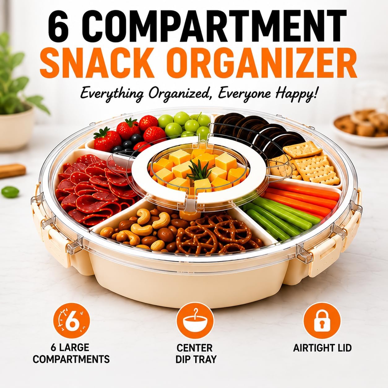Snackle Box Container with Lid & Handle, 6 Compartment Snack Tray for Kids & Adults, Portable Serving Tray for Fruit, Veggies, Candy & Snacks, Rotating Organizer for Travel, Party & Movie Night