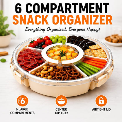 Snackle Box Container with Lid & Handle, 6 Compartment Snack Tray for Kids & Adults, Portable Serving Tray for Fruit, Veggies, Candy & Snacks, Rotating Organizer for Travel, Party & Movie Night