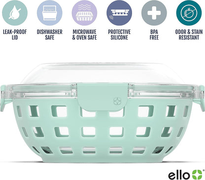 Ello Duraglass Meal Prep Container- Glass Food Storage Container with Silicone Sleeve and Airtight BPA-Free Plastic Lid, Dishwasher, Microwave, and Freezer Safe