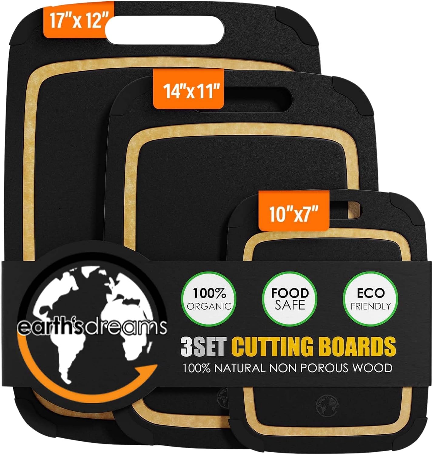 Earth's Dreams Composite Wood Cutting Board Set of 3 – Built In Juice Groove, Dishwasher Safe,Cutting Boards for Kitchen – Large, Medium & Small Non-Slip Wood Charcuterie & Chopping Boards (Tan/Black)