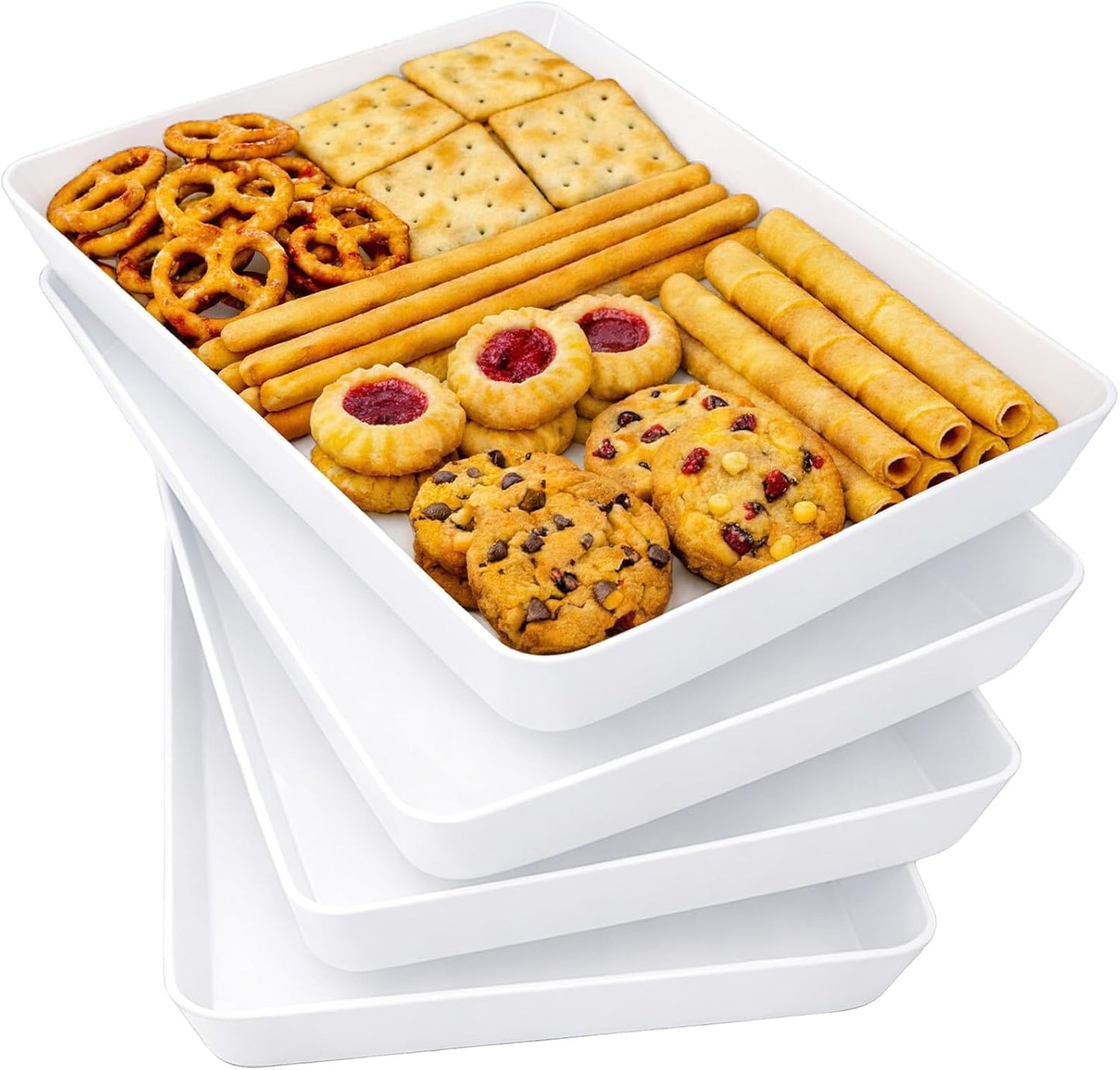 Lifewit 16" x 12" Extra Large Plastic Serving Trays for Party, 4 Pack Reusable White Food Platters for Cookies, Desserts, Fruit, Appetizers & Charcuterie, BPA-Free Catering Trays for Parties & Buffets