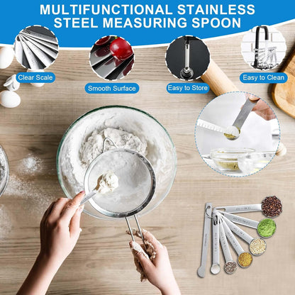 Measuring Cups and Spoons Set 21 Piece, 11 Stainless Steel Nesting Measuring Spoons and Cups with 3 Plastic Measuring Cup, 3 Funnel, 3 Brush, 1 Ruler, Measuring Cup Set for Kitchen Baking Liquid Dry