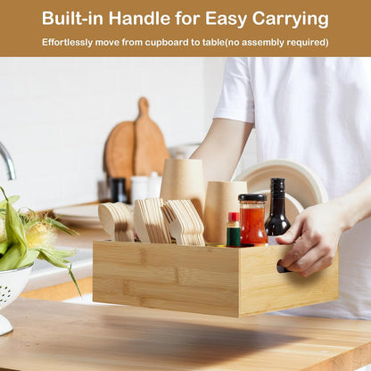 Acacia Wood Utensil Holder for Party, 6-Compartment Paper Plate and Silverware Organizer with Handles, Rustic Utensil Caddy for Parties, Outdoor Gatherings, and Kitchen Countertop Organization