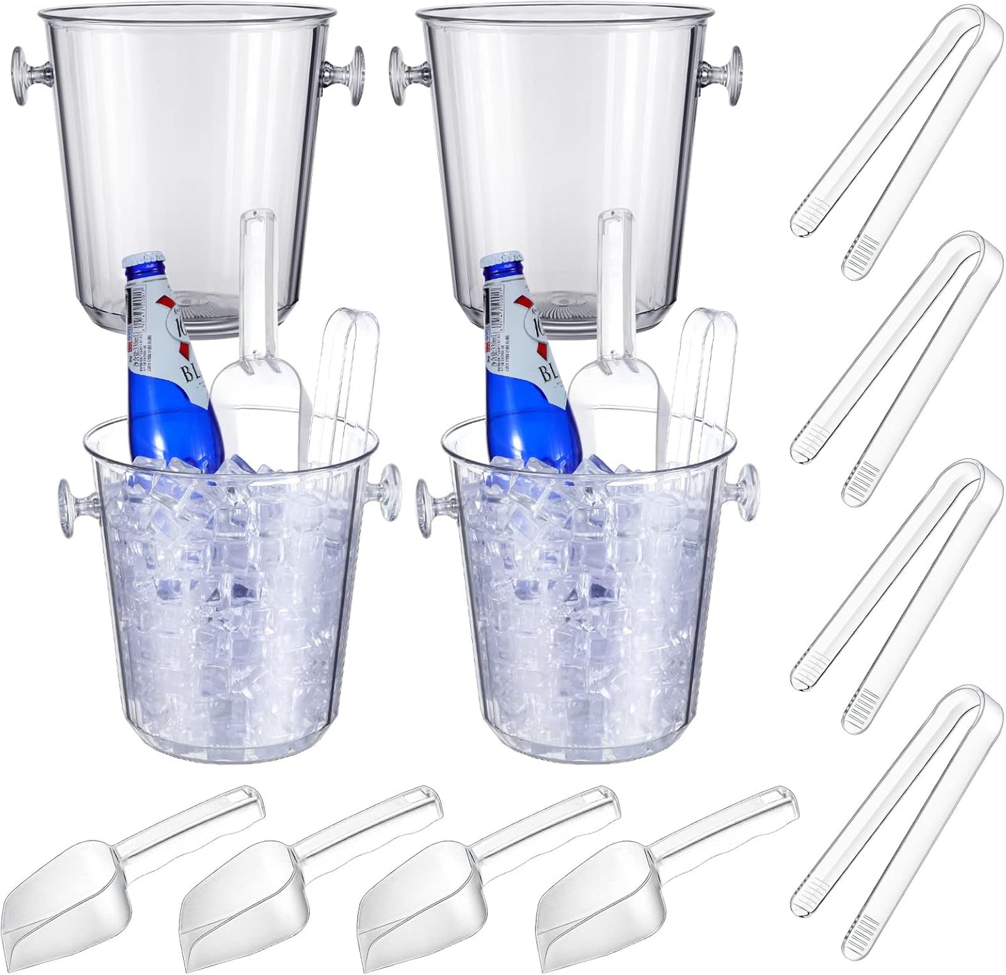 Irenare Acrylic Ice Buckets for Parties 3.5 L Plastic Clear Wine Bucket with Plastic Scoop and Tongs Bottle Drink Cooler Bucket Kits Champagne Wine Beer Beverage(12 Pcs)
