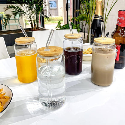 4pcs Set - 20oz Glass Tumblers with Bamboo Lid and Glass Straw, Drinking Glasses, Iced Beer Glasses, Classical and Thermal Safe Glasses with Cleaning Brushes