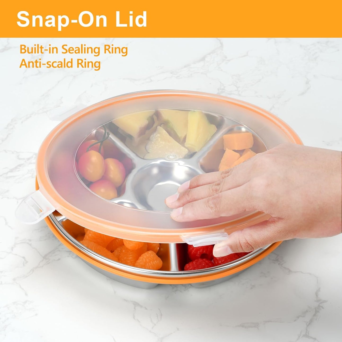 2 pcs Veggie Tray with Lid, Divided Serving Tray with Lid, Round Stainless Steel Serving Platter, Snackle Box Container with 7 Compartments