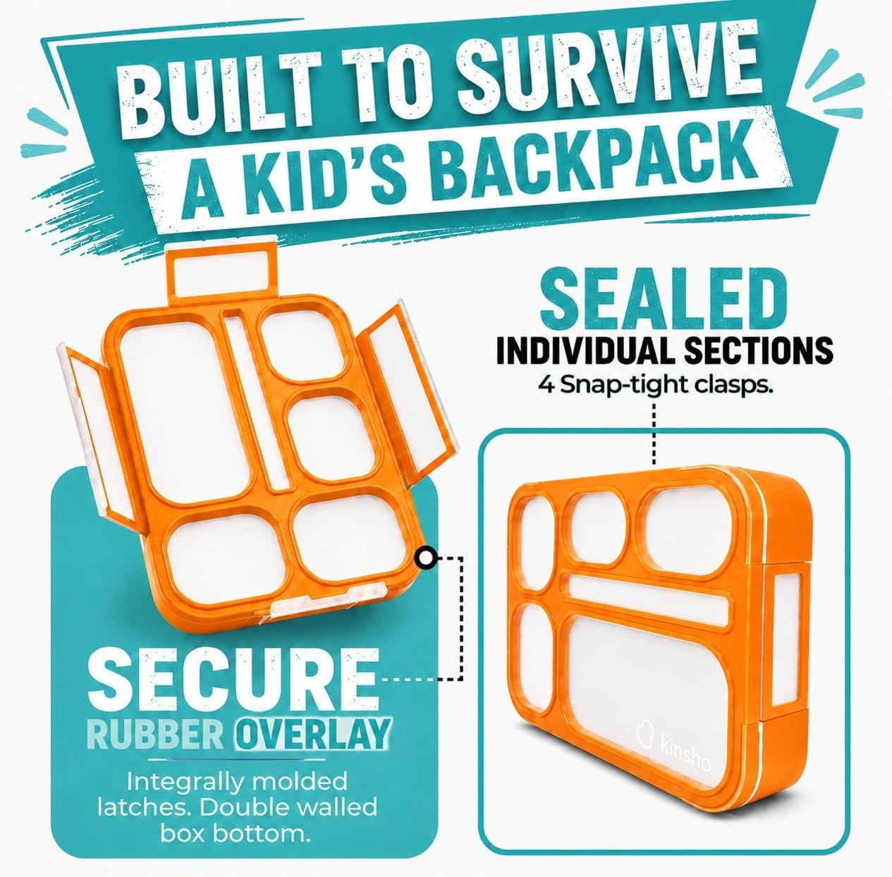 kinsho Lunch Box for Kids Boys Girls - Bento Box Set with Insulated Bag and Ice Pack, 6 Compartment Leak Proof Food Container, BPA-Free, Microwave Safe, Ideal for School & Work, Teal
