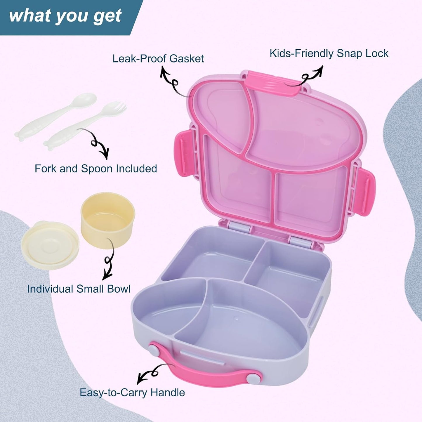 Bento Box for Kids School Lunch Box with Utensils and a Dipping Bowl, Leak-Proof 4 Compartments with Carrying Handle, BPA-Free Bento Box for Girls and Boys in School, Preschool, Daycare (Purple)