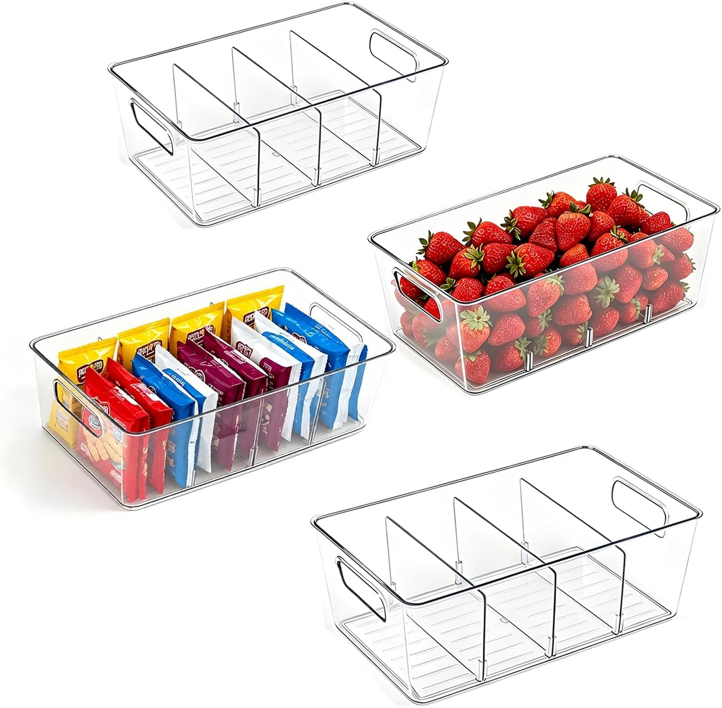 8 Pack Pantry Organizers and Storage, Food Storage Containers with 3 Removable Divider for Kitchen, Fridge, Cabinet Organization, Clear Plastic Storage Bins for Snacks, Spice Packets, Packets, Pouches