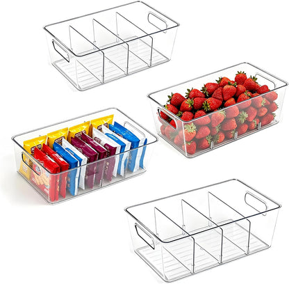 8 Pack Pantry Organizers and Storage, Food Storage Containers with 3 Removable Divider for Kitchen, Fridge, Cabinet Organization, Clear Plastic Storage Bins for Snacks, Spice Packets, Packets, Pouches