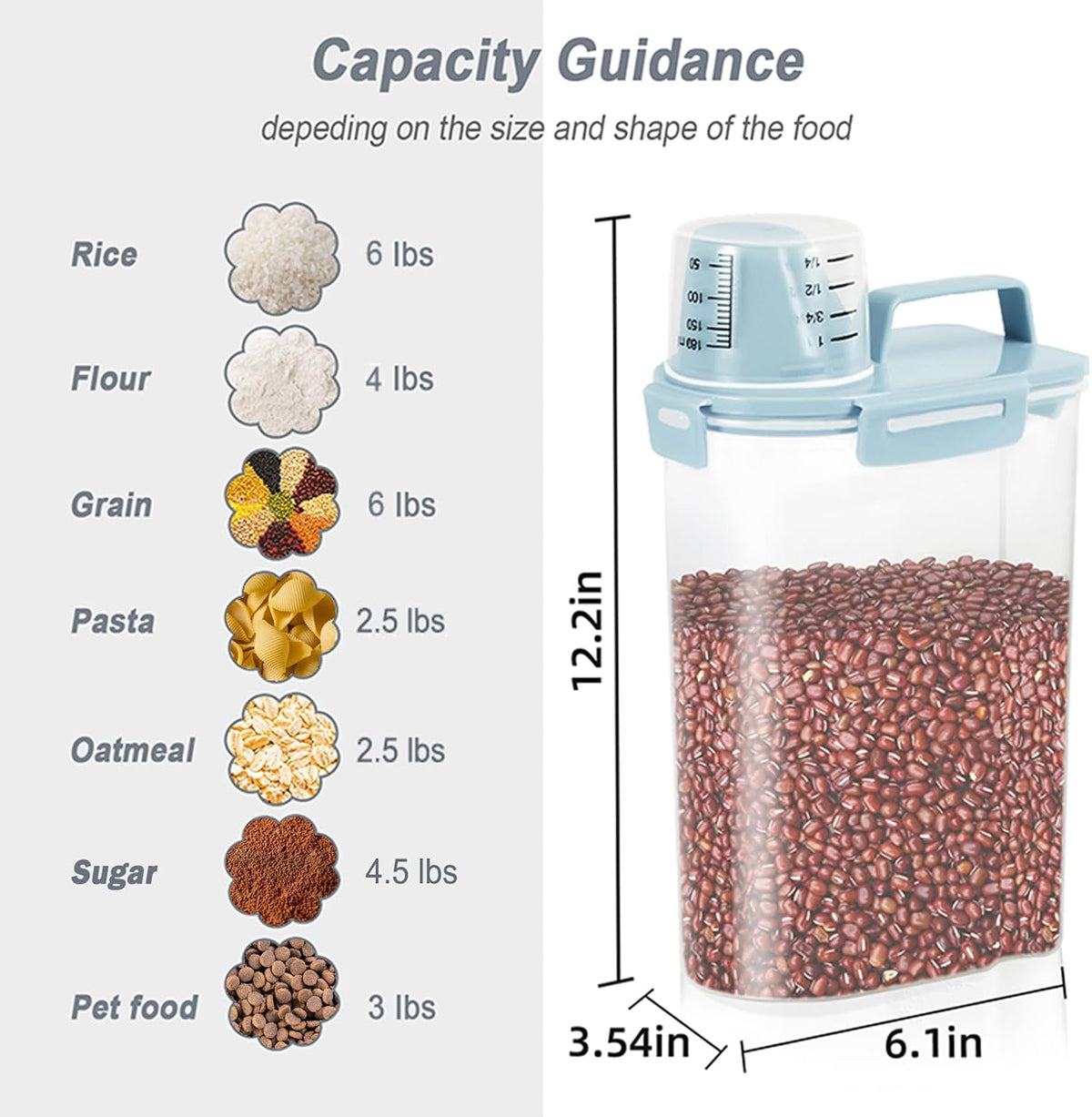 LEAWALK Airtight Rice Storage Container, 3-5Lbs Cereal Dry Food Flour Bin, Pet Dog Cat Food Dispenser with Measuring Cup, BPA Free Plastic Kitchen and Pantry Organization Bin for Sugar-Clear Grey