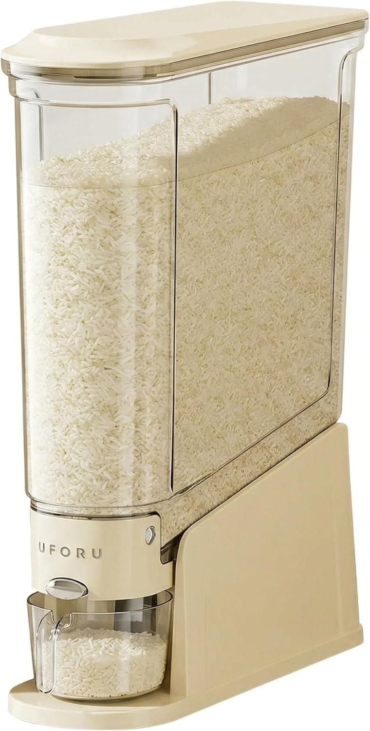 ROOM127 Small Rice Dispenser 11 Lbs, Slim Rice Storage Container for Small Spaces, BPA-Free Airtight Dry Food & Cereal Dispenser, Space-Saving Moisture Proof Grain (Cream White 22 Lbs)