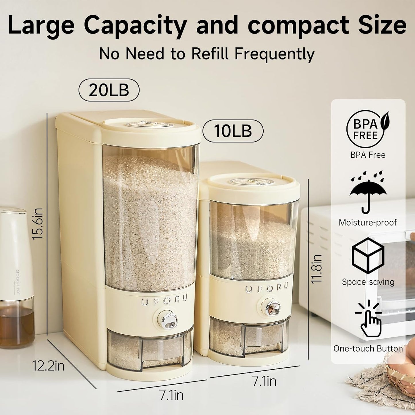 UFORU Rice Dispenser, Rice Storage Container with Measuring Cup for Kitchen Pantry Household, Dry Food Storage Containers Airtight, Sealed Moisture Proof, Cream White 11 Lbs